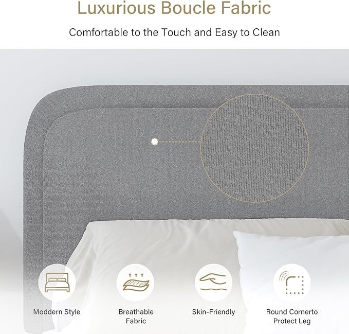 BarnFurin Twin Size Bed Frame, Boucle Upholstered Platform Bed Frame with Headboard, Soft Rounded Corners, No Box Spring Required, Non-Slip and Noise-Free, Easy Assembly, Light Grey
