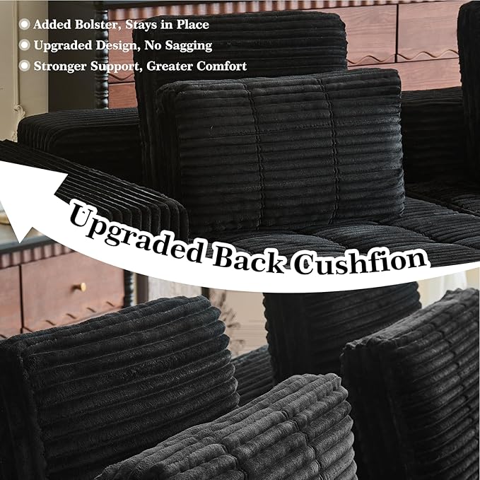 Modular Sectional Sofa with Movable Handrails, Straight-Row Boneless Sofa Sectional Couch for Living Room, Deep Seat Memory Foam Faux Rabbit Fur Fabric Sofa, No Assembly Required(Black)