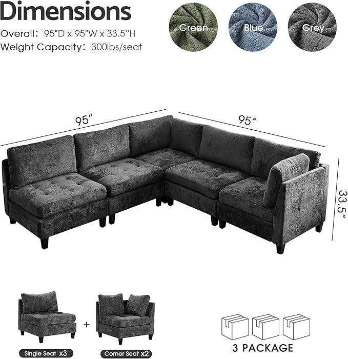 Luxe Oversized Modular Sectional Sofa，Modern Chenille Convertible Corner Couch，Comfy 5 Seater L-Shaped Sofas Sectional Cloud Couch for Living Room（Dark Grey，5-Seater）
