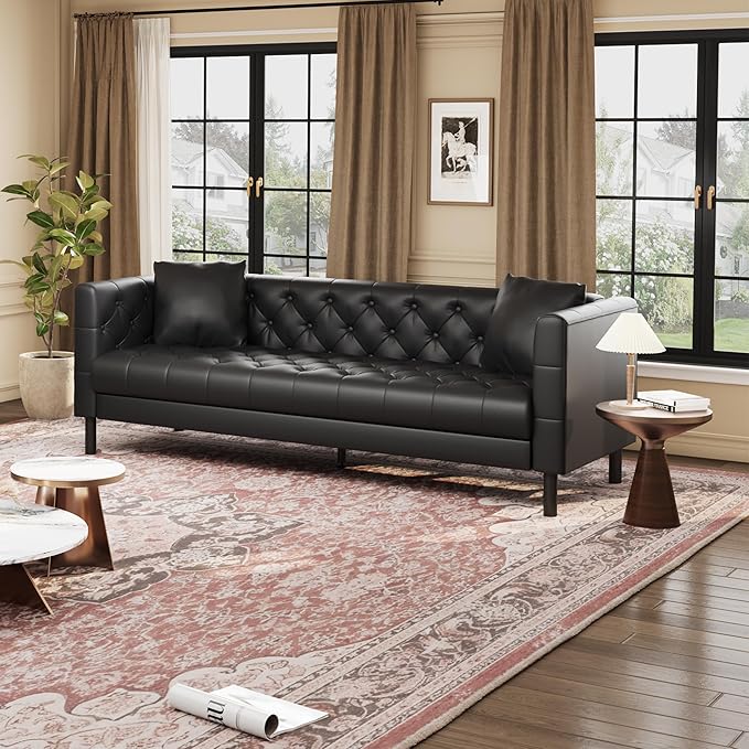 GarveeHome 78" Leather Couch for Living Room, Button-Tufted 3 Seater Sofa with 2 Pillows and Deep Seat, Modern Mid-Century Leather Sofa for Apartment, Office
