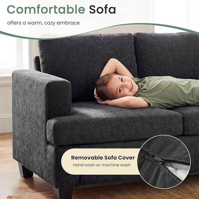 YOUDENOVA Sofa, 89" 3-Seater Deep Seat Sofa, Modern Comfy Couches for Living Room Apartment Lounge, Dark Grey Chenille