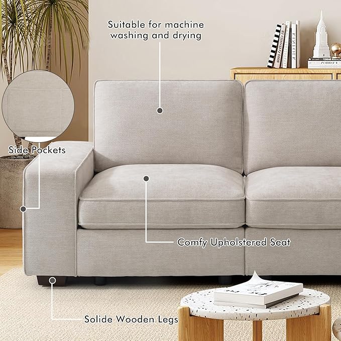 TEKAMON 100" Modular Sofa with Seats Storage, Comfy 3-Seater Chenille Fabric Couch for Living Room, Office, Apart W/Deep Seat, Wide Arms, Side Pockets, USB, Removable Covers, Upholstered Couch/Beige