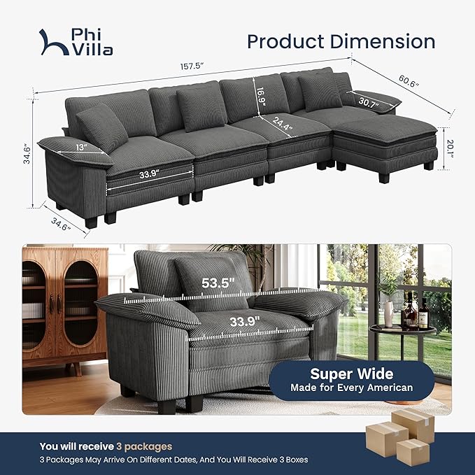 PHI VILLA Cloud Modular Couch Sets, 157.5" Sectional Sofa with L-Shaped Chaise, 5-Seater Upholstered Couches with Movable Ottoman for Living Room, Corduroy Fabric, Grey