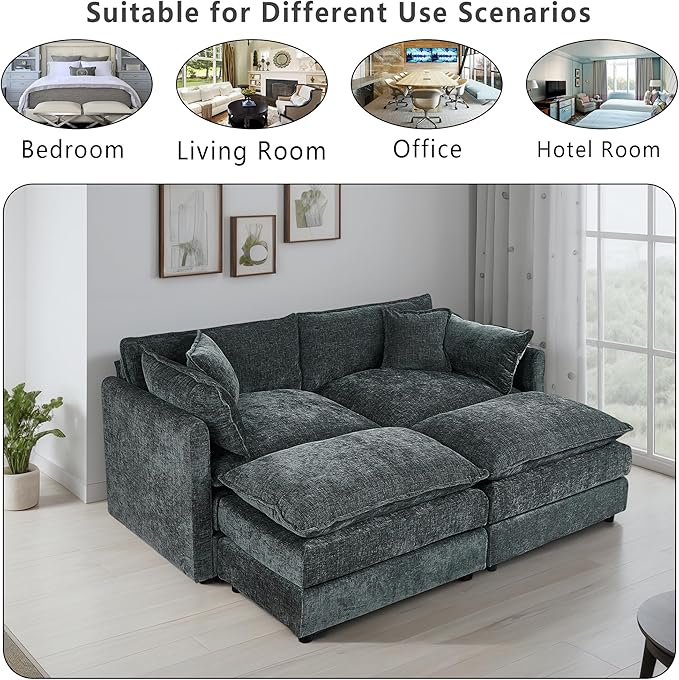 Setawix Deep Loveseat Couch with Ottomans,Large 2 Seater Lounger Cloud Couches for Living Room,77.16" Chenille Cloud Sofas with Deep Seat,Modular Sectional Sleeper Sofa for Bedroom(Grey, 2+2)