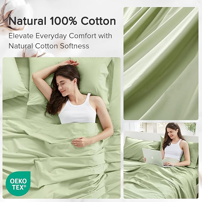 Comfort Spaces 100% Cotton Sheets Twin XL, Breathable & Soft Cotton Sheets, Naturally Cool Cotton Bed Sheets with 12" Elastic Pocket Fits up to 14" Mattress, All Seasons Sheet Set, Sage Green 3 Piece