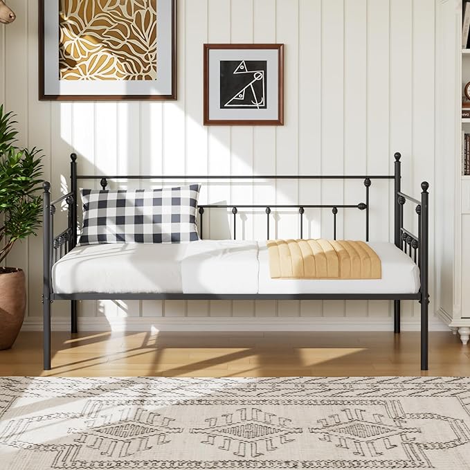 VECELO Daybed Frame, Twin Size Metal Platform Bed with Headboard,Heavy Duty Steel Slats Support for Living Room Bedroom Guest Room, Easy Assembly