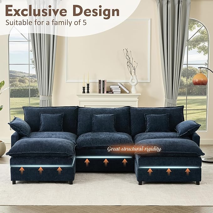 108" U Shaped Couch, Modular Sectional Sofa, 3-Seater Comfy Cloud Couch, Set of Modular Pieces with Movable Ottoman, Deep Seat Couches for Living Room, Chenille, Navy