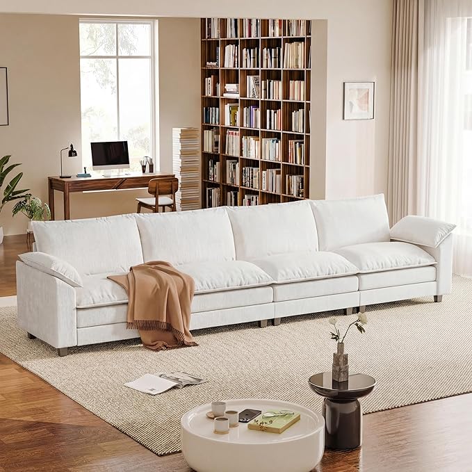 158.6'' Sectional Cloud Couch with 4 Seats & Wide Armrests, Oversized Linear Sofa with Double Layer Cushions, Comfy Chenille Couches for Living Room and Apartment (White, Linear Sofa)
