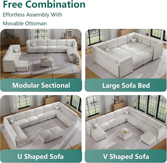 Modular Sectional Sofa with Adjustable Backrest, Large Convertible L/U-Shaped Sleeper Couch for Living Room, Cloud Sofa Bed Modern Reversible Design, Beige