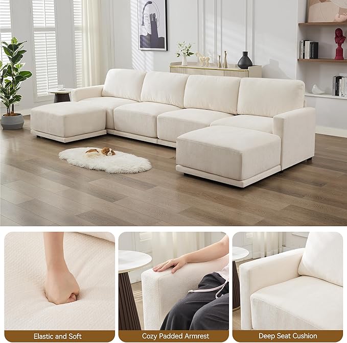 143.8" Modular Sectional Sofa Modern Chenille U Shaped Couch with Thickened Seat Cushions, Easy Assembly, Upholstered 6 Seater Couch with 2 Movable Ottomans for Living Room, White