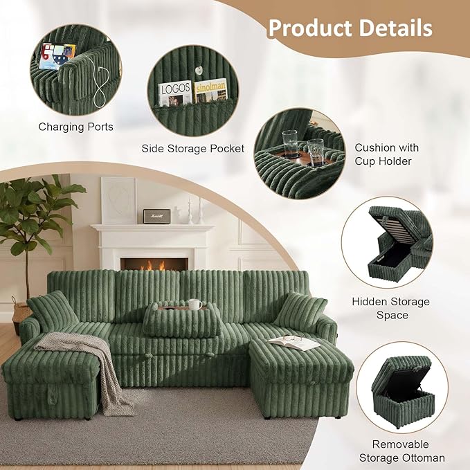 104" U Shaped Sleeper Sofa Bed, Sectional Couches for Living Room, Plush Corduroy Pull Out Couch Bed with Storage, Modular Sectional Couch with Charging Station, Cup Holder, Side Pocket, Green