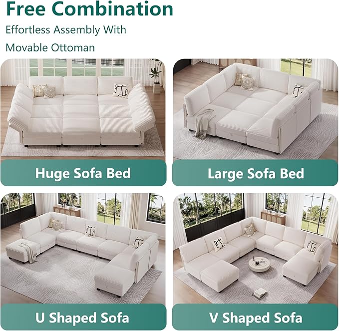 Modular Sectional Sofa with Adjustable Backrest, Large Convertible L/U-Shaped Sleeper Couch for Living Room, Cloud Sofa Bed Modern Reversible Design, Beige