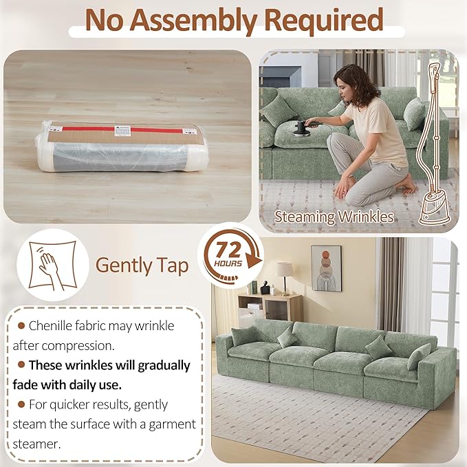 146''Cloud Boneless Sectional Couch, Modular Sectional Sofa Deep Seat, Oversized Upholstered Convertible Comfy 4 Seater Chenille Memory Foam Sofa Couches for Living Room, Green