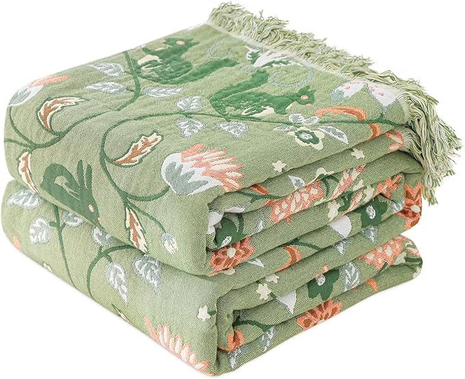 Boho Throw Blanket for Bed 100% Cotton Soft Breathable Quilt Room Decor Bed Blankets,Floral Garden Embroidery All Season Green Reversible Blankets for Sofa Couch Chair 80"x90"