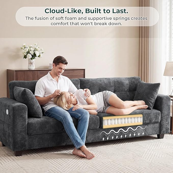 87" Loveseat Sofa for Living Room, Modern Chenille Cloud Couch with USB/Type-C Charging Ports, Side Pockets, Removable Cover, Wide Armrests, Small Couch for Small Space, Easy Assembly, Grey