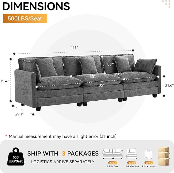 111'' Sectional Cloud Deep Seat Couch, Modern Comfy Chenille Modular Sectional Sofa for Living Room Set, Upholstered Modular 3-Seats Sofa Couch, Grey