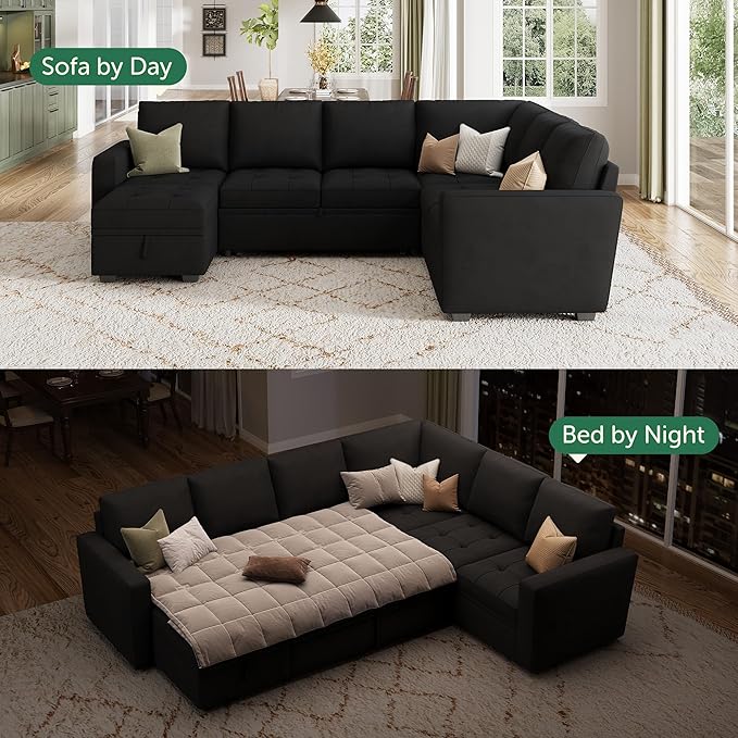 HONBAY Modular Sectional Sleeper Sofa with Pull Out Bed, Velvet Convertible L Shaped Couch with Storage Seat, Sectional Couches for Living Room, Black