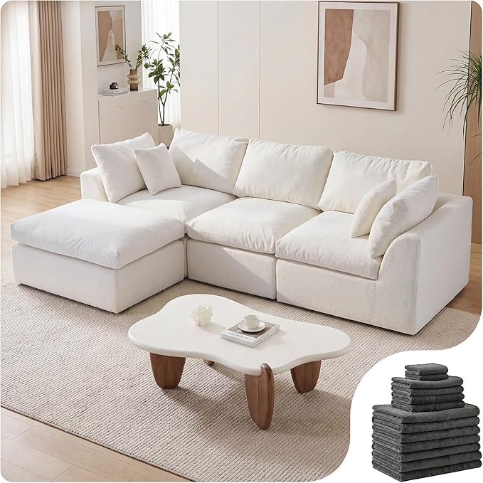 108" Cloud Sectional Couches, with 1 Extra Washable Cover, L Shaped 25.6" Deep Seat Couch with Ottoman, Oversized Comfy Living Room Sofa, DIY Color Refresh (White Sofa + Gray Cover Set)