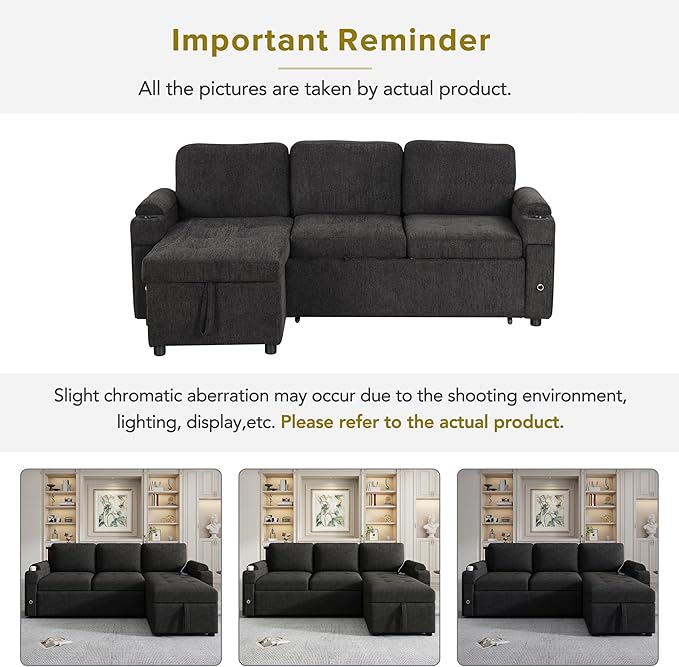 Harper & Bright Designs 83.5" L-Shaped Sofa Couch Convertible Sofa Bed Sectional Sofa with Ample Storage Space, Two Cup Holders and Two USB Ports for Living Room, Black