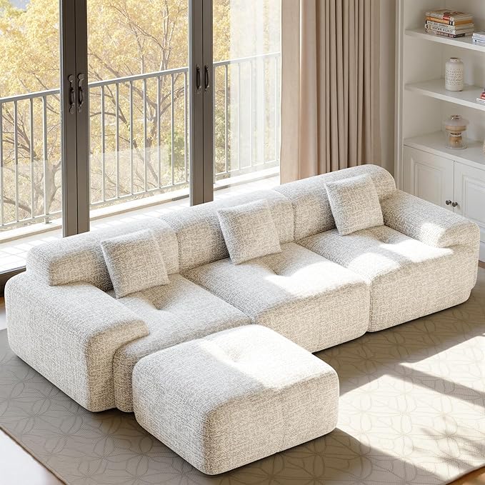 122" L Shaped Convertible Modular Couch, Cloud Couch Sectional with Ottoman, 4-Seater Chenille Boneless Couches for Living Room, Apartment, No Assembly, Beige 1PCS | With Ottoman, 4-Seater, Chenille Boneless, No Assembly, 1PCS