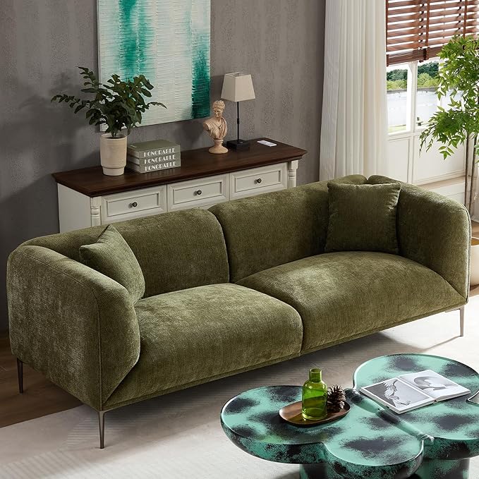 82.68" Modern Upholstered Sofa with Straight Design, Full and Soft Seating, Includes 2 Throw Pillows, 3 Seats,Fabric Couch with Metal Legs for Living Room, Office, Apartment (Green)