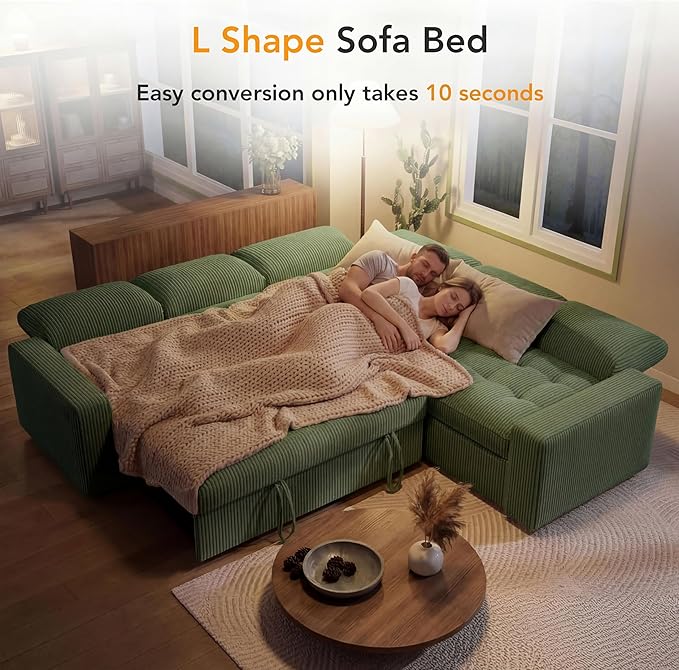 Vipbear Pull Out Sofa Bed Sectional Sleeper Sofa with Reclining Backrest & Storage, Plush Pullout Modular Sectional Couches with USB Charging, L Shaped Convertible Couch Bed for Apartment, Green | Breathable material, Tool-Free Assembly