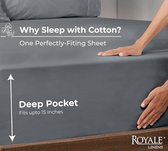 Royale Linens 100% Organic Cotton Fitted Sheet - Percale Weave - Super Soft Deep Pocket Bottom Sheets - Grey Elastic Sheet Full Size - Full Fitted Sheets Only - (54"x75"+15", Grey)