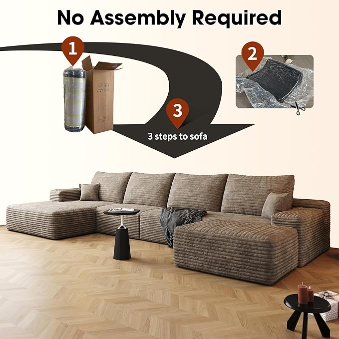 136" Sectional Couches for Living Room Cloud Couch Sofa with L-Shape Upholstered Boneless Couchs Modern Modular Sectional Couch with Chaise (Camel, 136" Left Facing Chaise+3Seaters+Ottoman)