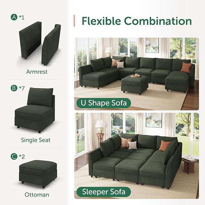 HONBAY Modular Sectional Sleeper Sofa with Storage, Modular Convertible Sectional Couch Bed Module Sleeper Couches for Living Room - Green
