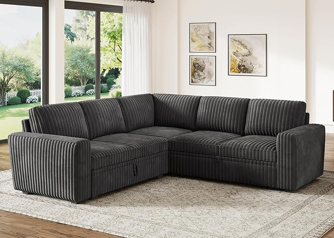 HONBAY Modular Sectional Sleeper Sofa with Pull Out Bed,Corduroy L Shaped Couch with Storage, Sectional Couches for Living Room,Dark Grey