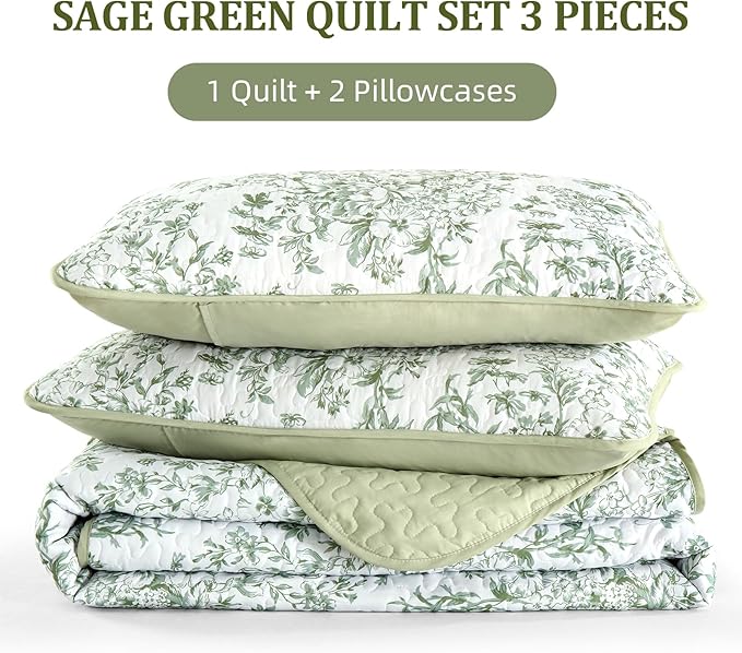 WONGS BEDDING Quilts Queen Size, Sage Green Quilt Bedding Set with 2 Pillowcases, Botanical Quilt for Queen Bed, Soft Microfiber Lightweight Coverlet Bedspread for All Season (96"×90", 3 Pieces)