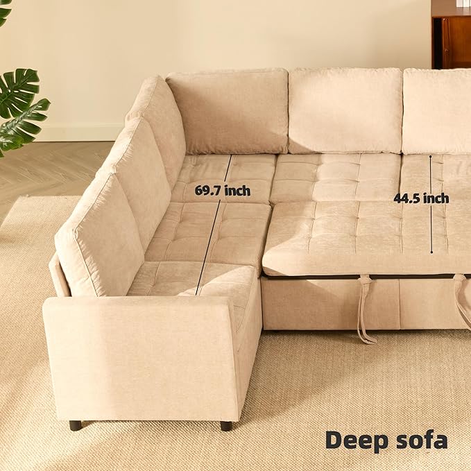 107" Sleeper Sofa, Set of Modular Pieces with Pull Out Bed, U Shaped Sectional Couch with Storage, Extra Wide&Deep Seat Couches for Living Room, Removable Sofa Cover, Chenille-Flat White