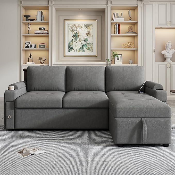 Harper & Bright Designs 83.5" L-Shaped Sofa Couch Convertible Sofa Bed Sectional Sofa with Ample Storage Space, Two Cup Holders and Two USB Ports for Living Room, Gray