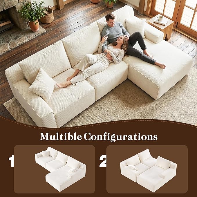 97”Modular Sectional Sofa, Cloud Sectional Couch with Deep Seat, Modern Modular L-Shape Sofa Couch, Upholstered Boneless Couches for Living Room Bedroom (White Check, Right Facing Chaise)