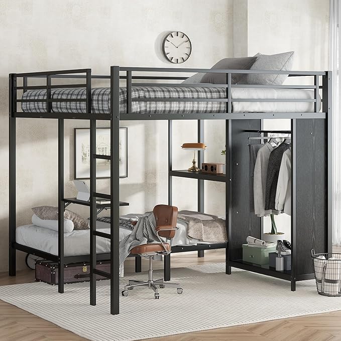 Bunk Bed Frame with Built-in Wardrobe King Over Twin XL Size, Metal Loft Bed with Foldable Desk and Storage Shelf, Black Bunk Beds King Size for Adults Teen Kids, No Box Spring Needed