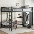 Bunk Bed Frame with Built-in Wardrobe King Over Twin XL Size, Metal Loft Bed with Foldable Desk and Storage Shelf, Black Bunk Beds King Size for Adults Teen Kids, No Box Spring Needed