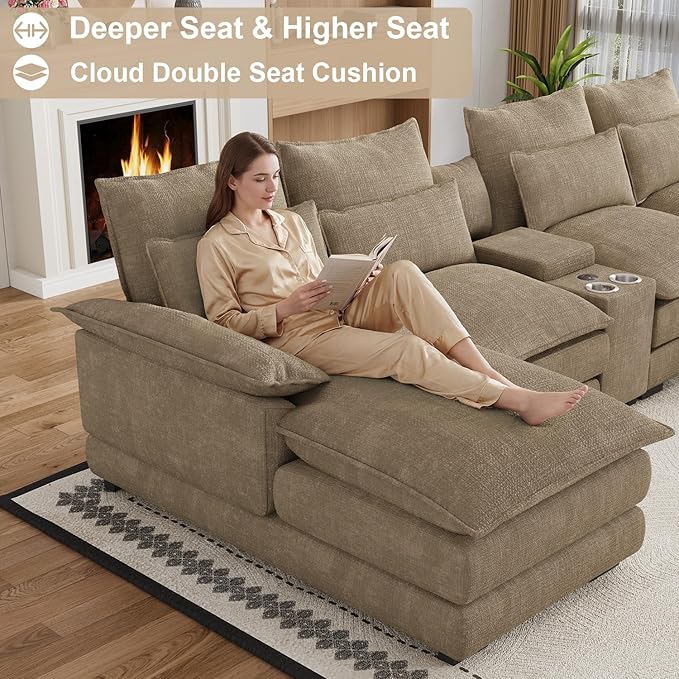 135" U Shaped Cloud Couch Sectional Modular Sectional Couches for Living Room Oversized Comfy Chenille Sofa Cloud Couch Set with Storage Central Console, USB Ports, Chaise Lounge, Ottoman, Brown
