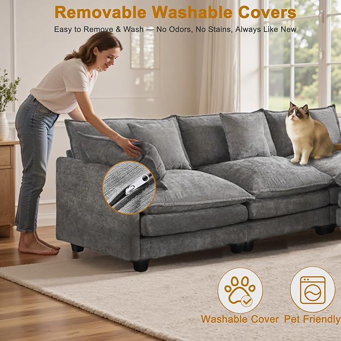 U-Shaped Cloud Chenille Sofa Sectional Couch with 2 Ottomans, 146" Modular Sofa for Large Spaces, Ultimate Comfort with Deep Seats & Pillows, Solid Frame, 1YR Warranty