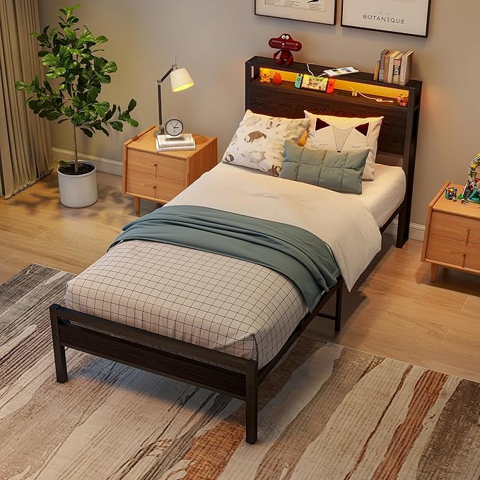BOFENG Metal Bed Frame Twin Size,Black Wood Storage Headboard with Charging Station/LED Lights,Heavy Duty Metal Platform Bed Frames No Box Spring Needed,Noise Free,Easy Assembly