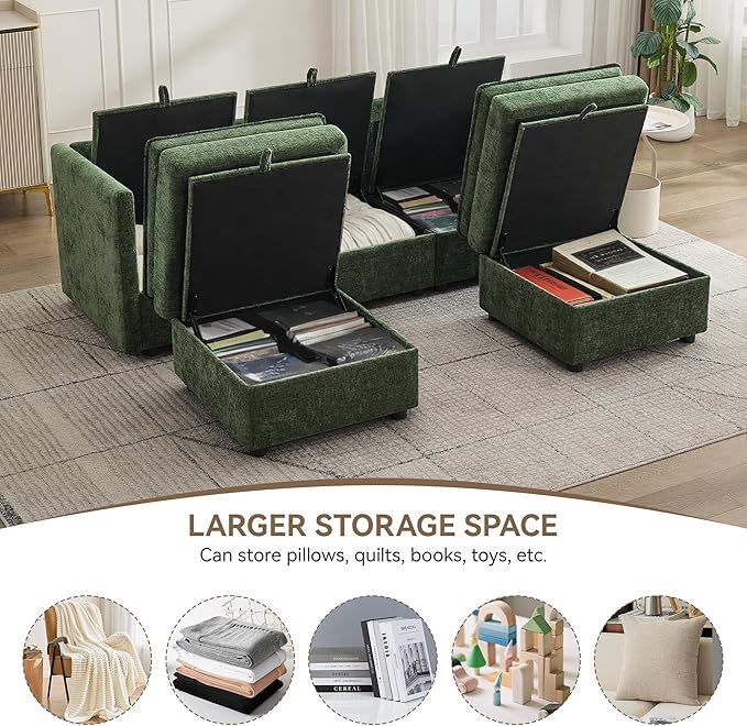 80" Cloud Modular 3 Seater Sofa with 2 Storage Ottoman, Modern Upholstered Storage Sofa Couch Deep Seat, U Shape Sectional Sofa Chenille Comfy Couch with Armrests for Living Room, Small Space, Green | Modular Sofa, Storage Ottoman, Upholstered Sofa, Se...
