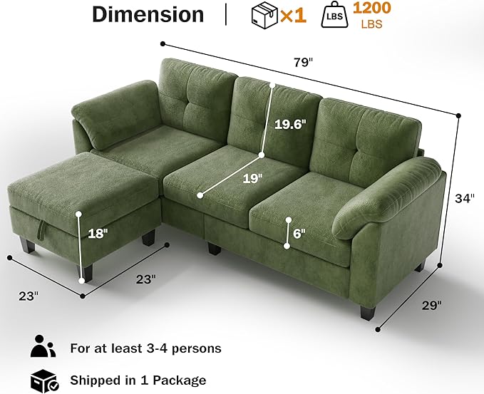 WEUP 79" Convertible Sectional Couch with Storage Ottoman, L Shaped Small Sofa, 4 Seat Couches for Living Room, Apartment, Small Space, Green