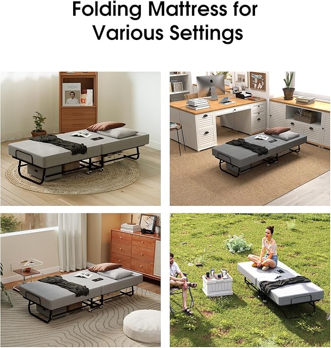 Fabulis Folding Bed with Mattress, Portable Foldable Bed for Adults, Roll Away Guest on Wheels, Memory Foam Mattress and Metal Frame, Space Saving Fold Up for Easy Storage, 75" x 31"