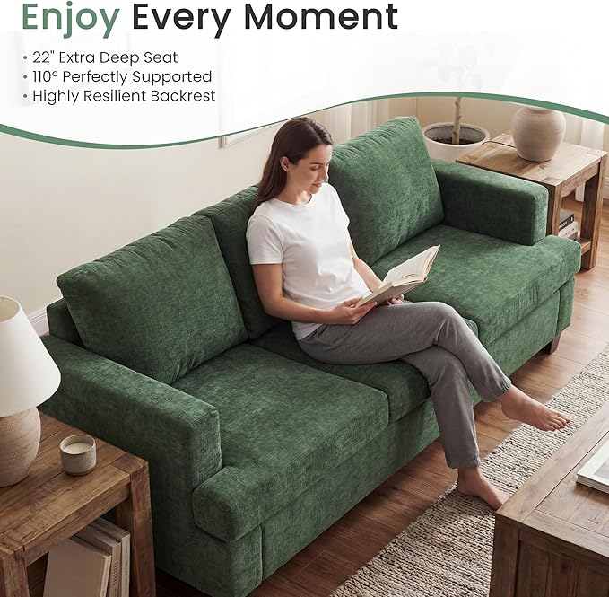 YOUDENOVA 2 Piece Set Comfy Sofa Couch, Loveseat Sofa * 2 with Deep Seats, Modern Sleeper Couch for Living Room, Green Chenille