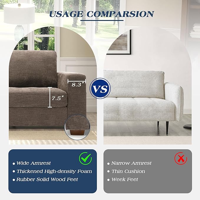WorthFurni Sofas for Living Room, Chenille Loveseat Couch Set, Small Sofa, 3 Seater Sofa, USB Charging, Removable Sofa Cover,Solid Wood Frame, Easy to Install(70inch,Brown)