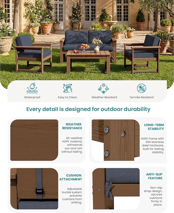 SERWALL HDPE Outdoor Loveseat with Cushions, All Weather Use Outdoor Loveseat Sofa, Brown Frame/Grey Cushion