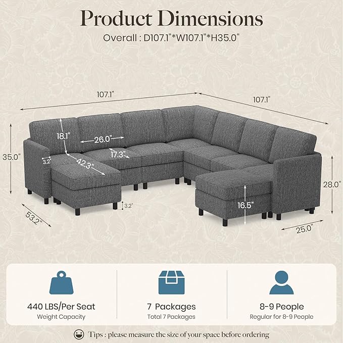 Belffin 107.1" 9 Seats Modular Sectional Sofa U Shaped Couch Big Corner Washable Sectional Couches for Living Room Comfy Couches with Storage Seat Couch Sofas with Chaise,Grey