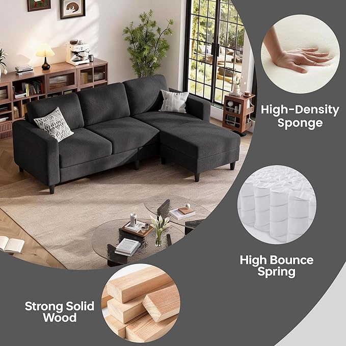 73" Sectional Sofa Couch for Living Room, Black Convertible L Shaped Sofa with Reversible Ottoman, 8" Extra Thick High-Density Cushions, Modern Velvet Fabric 3 Seater Sofa for Small Space