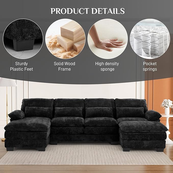 114" Cloud Couch Sectional Modular Sofa U Shaped Sectional Couches for Living Room Comfy 5-Seater Deep Seat Couch Chenille Cloud Sectional Sofa with Movable Ottoman & 4 Pillows, Jet Black