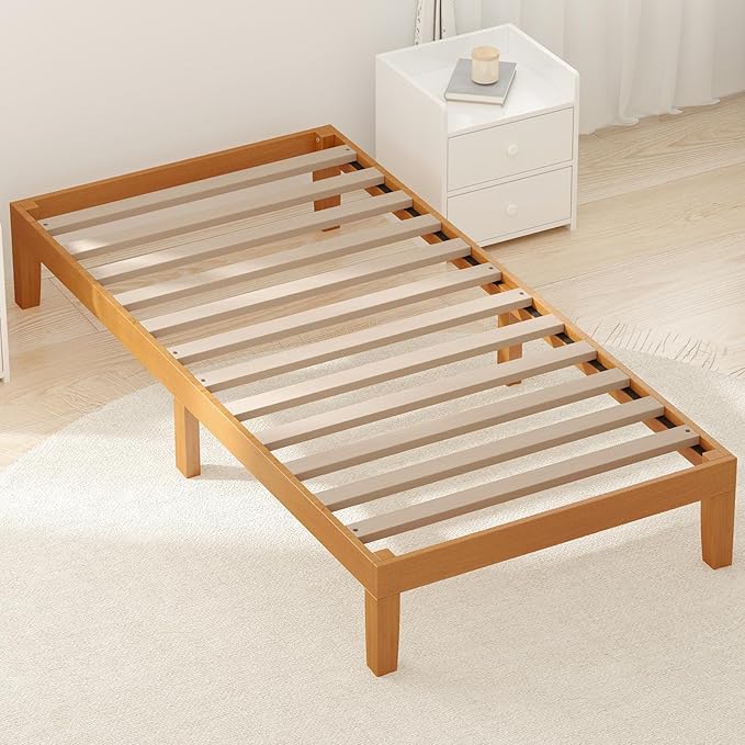 Sweetcrispy Twin Size Wood Platform Bed Frame, Solid 700LBS Heavy Duty Bed Base with Wooden Slat Support, Sturdy, Stylish & Noise-Free Design, No Box Spring Needed, 12IN Natural Pine