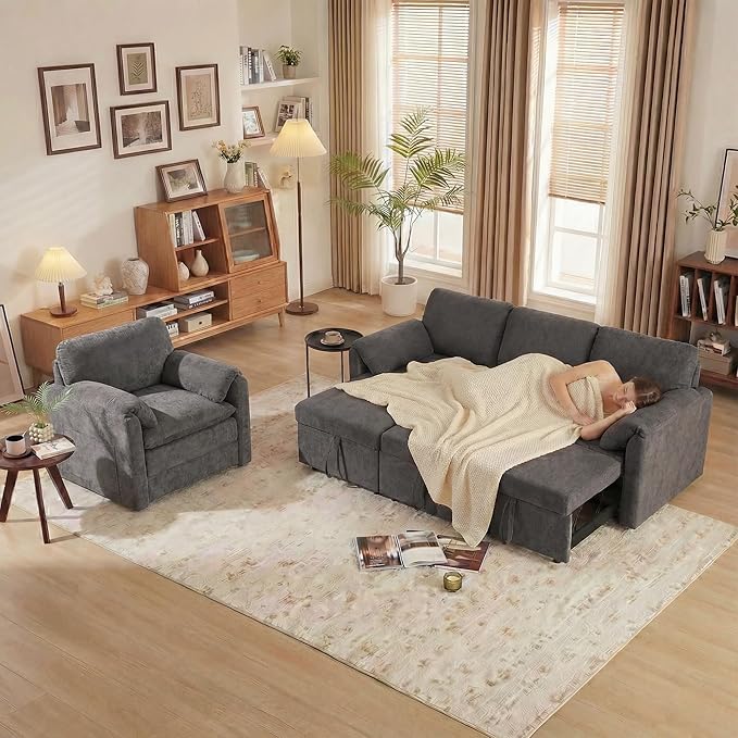 Tbfit Pull Out Sofa Bed with Chair, 3 in 1 Sleeper Sofa Couch with USB & Storage Chaise, Comfy Convertible Sleeper Sofas for Living Room, Small Spaces, Dark Gray